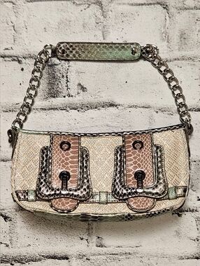XOXO Woven Straw Shoulder Bag Snakeskin Trim Chain Strap Y2K
